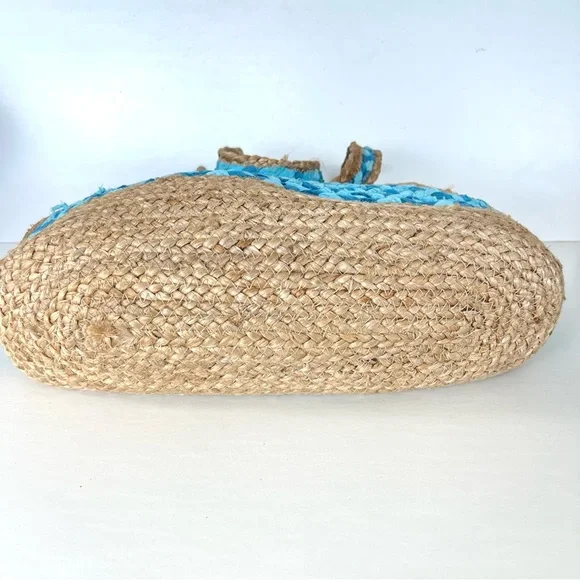 CHICO’S Beige Woven Jute Raffia Turquoise Blue Fabric Beach Travel Shoulder Tote - Picture 9 of 11